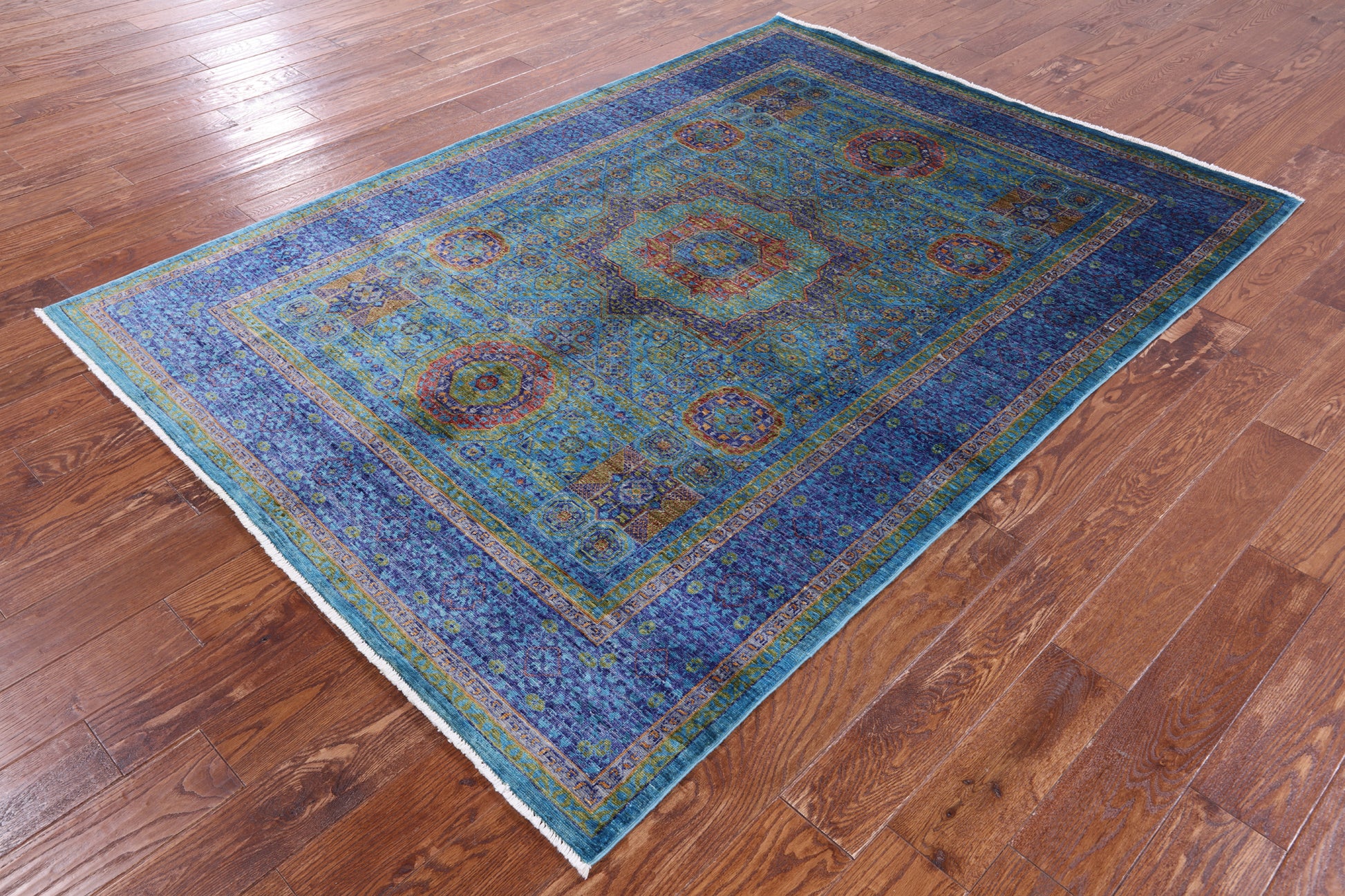 Geometric Persian Mamluk Hand Knotted Wool Rug - 5' 6" X 7' 8" - Golden Nile