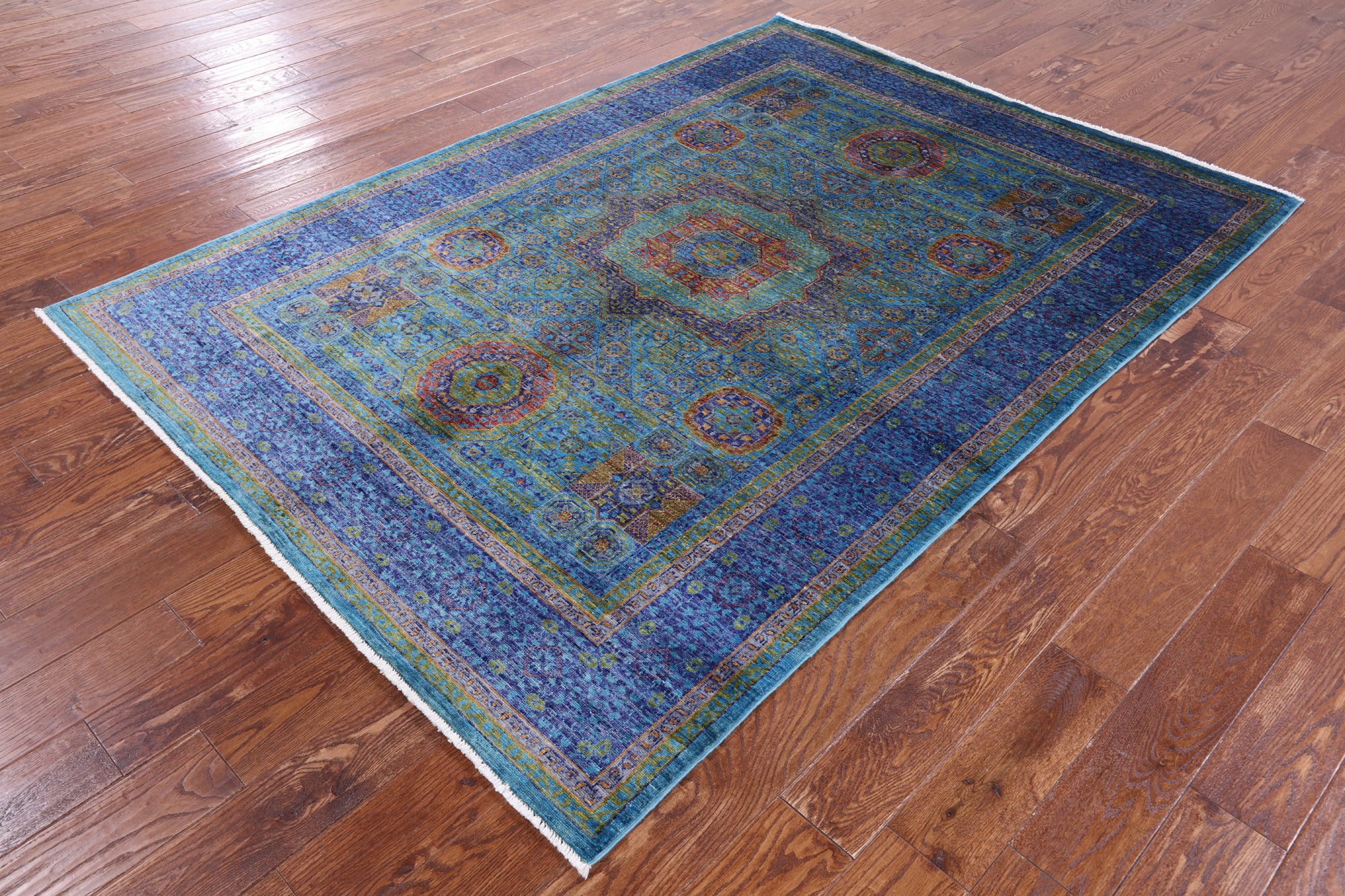 Geometric Persian Mamluk Hand Knotted Wool Rug - 5' 6" X 7' 8" - Golden Nile