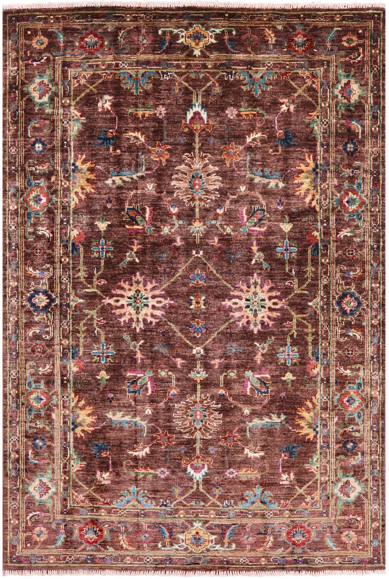 Brown Peshawar Handmade Wool Rug - 4' 0" X 5' 10" - Golden Nile
