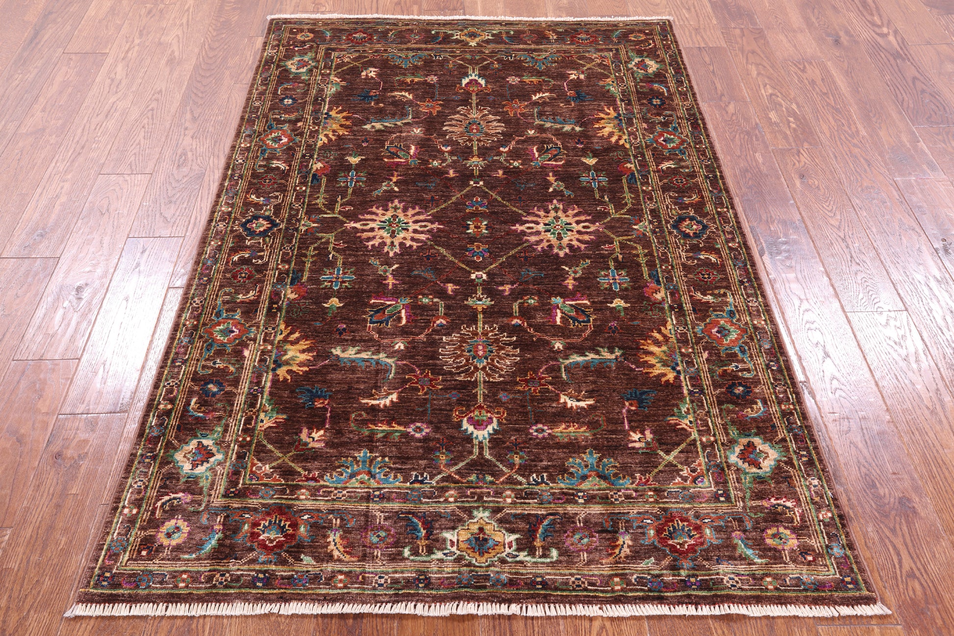 Brown Peshawar Handmade Wool Rug - 4' 0" X 5' 10" - Golden Nile