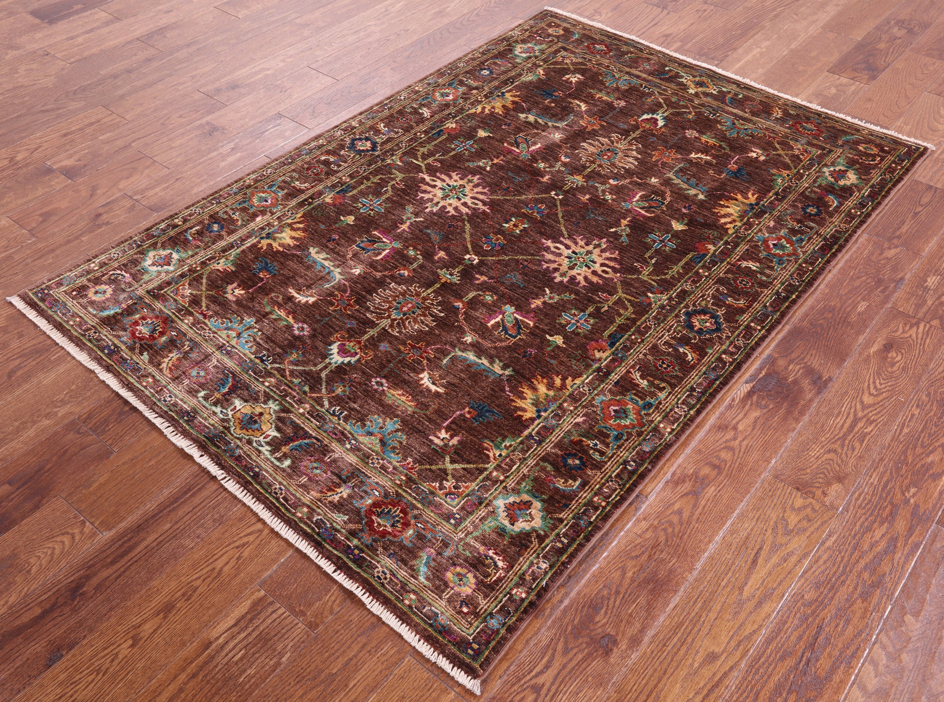 Brown Peshawar Handmade Wool Rug - 4' 0" X 5' 10" - Golden Nile