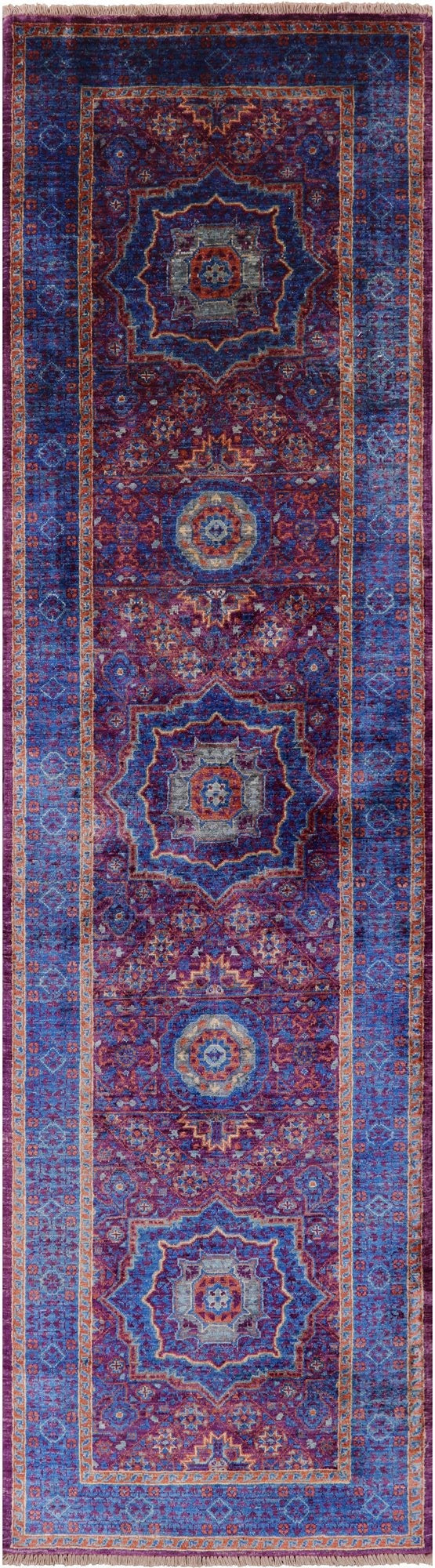 Purple Geometric Persian Mamluk Handmade Wool Runner Rug - 2' 8" X 9' 10" - Golden Nile