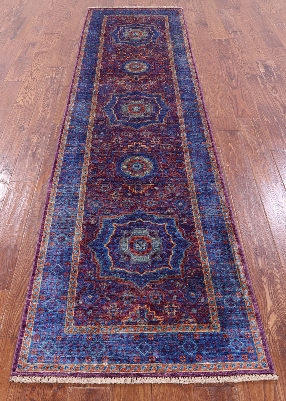 Purple Geometric Persian Mamluk Handmade Wool Runner Rug - 2' 8" X 9' 10" - Golden Nile