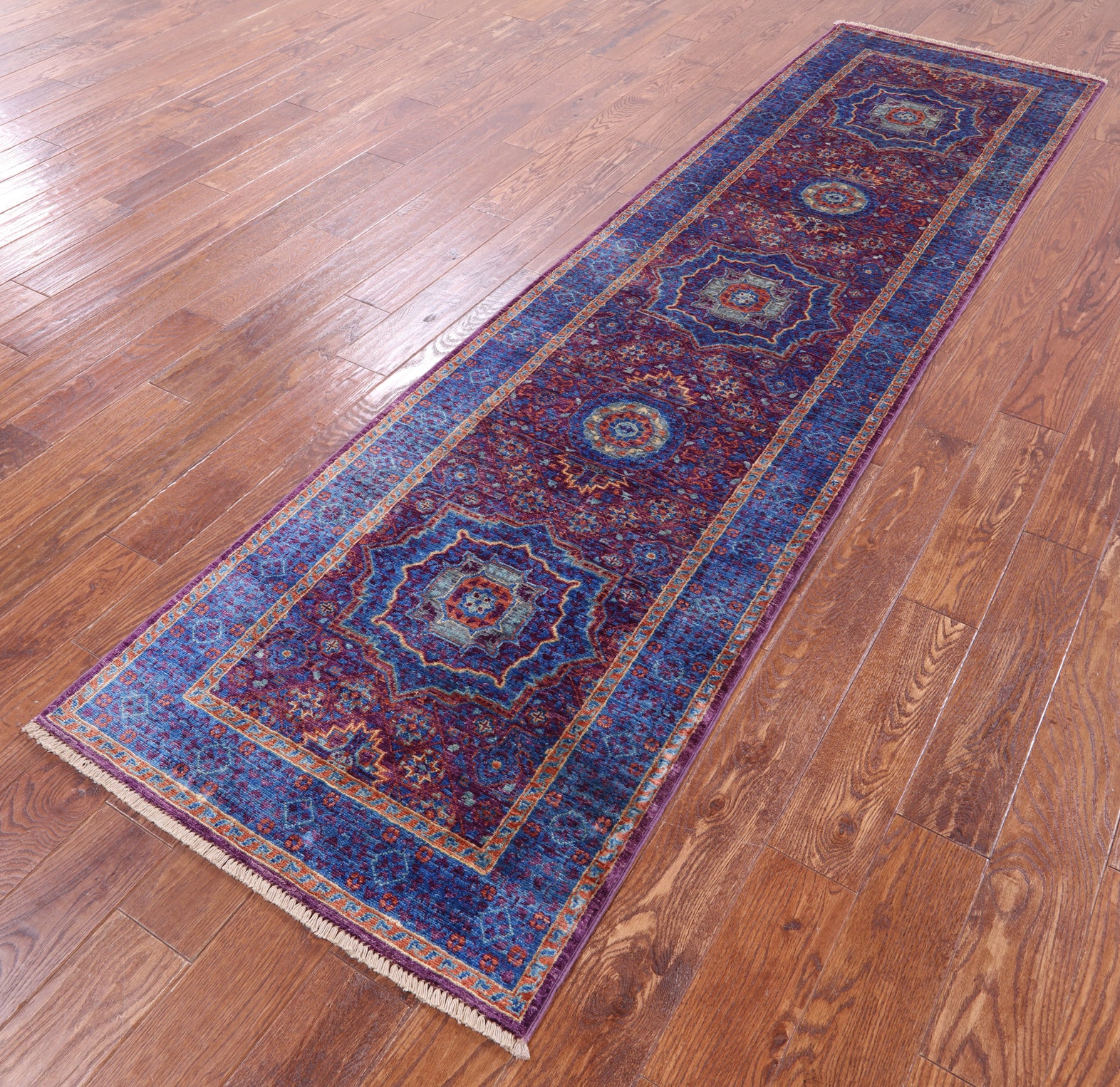Purple Geometric Persian Mamluk Handmade Wool Runner Rug - 2' 8" X 9' 10" - Golden Nile