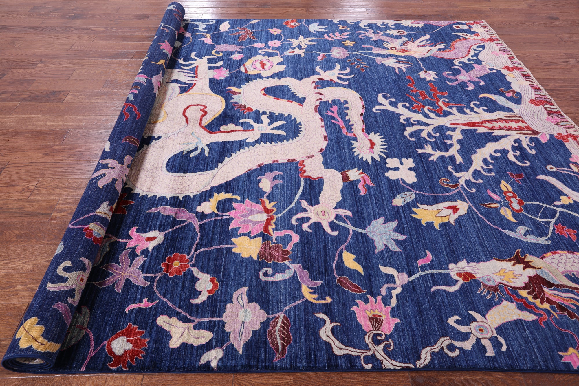 Blue Dragon And Phoenix Design Hand Knotted Wool Rug - 8' 9" X 12' 0" - Golden Nile