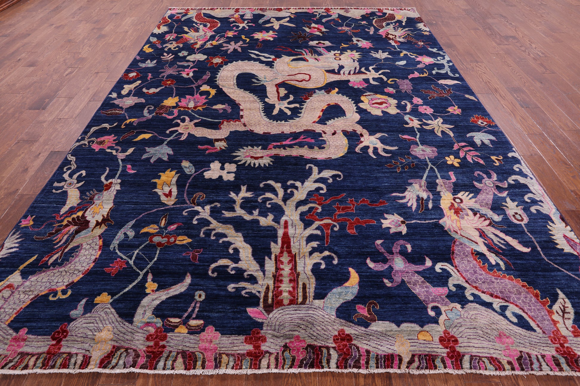 Blue Dragon And Phoenix Design Hand Knotted Wool Rug - 8' 9" X 12' 0" - Golden Nile