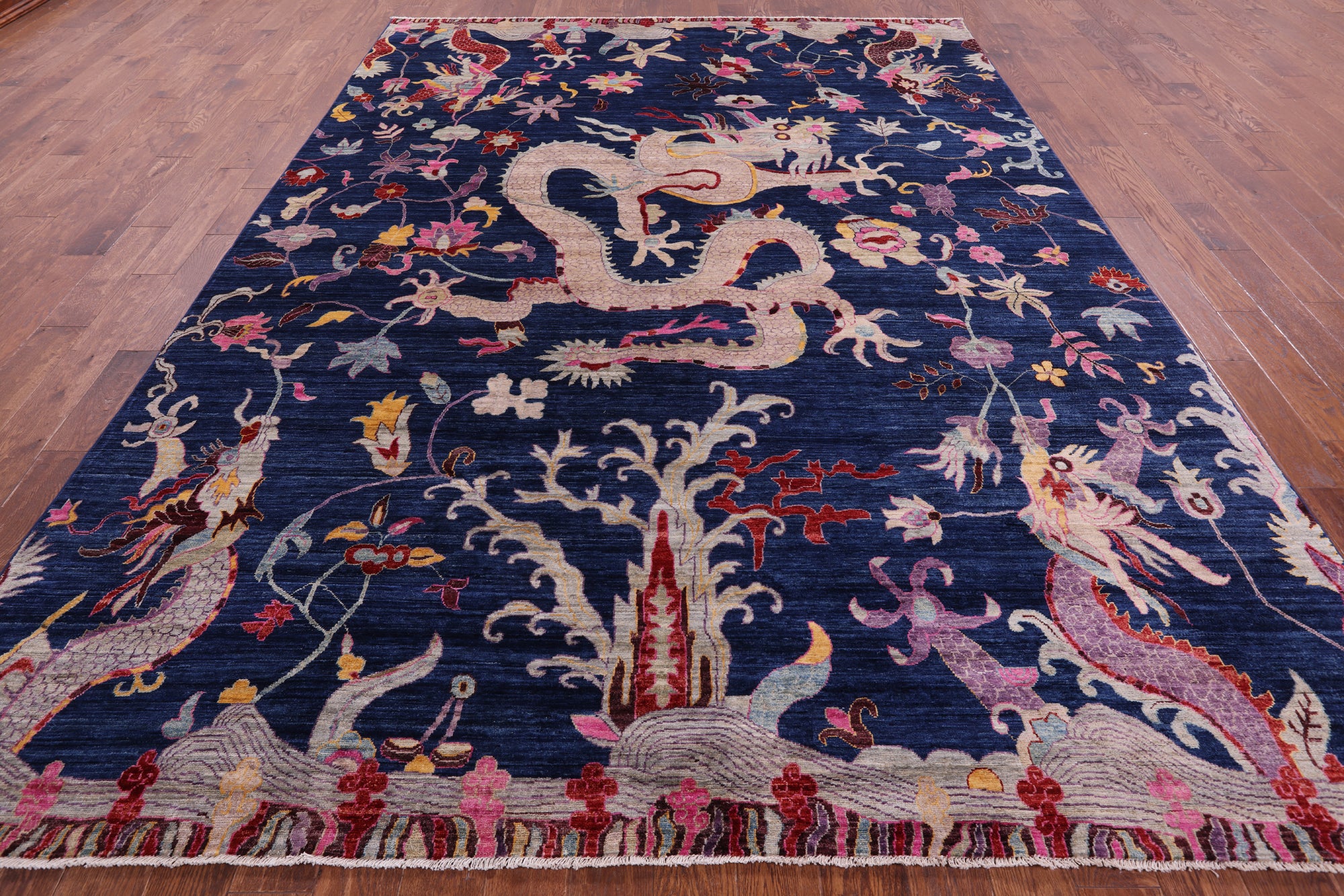 Blue Dragon And Phoenix Design Hand Knotted Wool Rug - 8' 9" X 12' 0" - Golden Nile