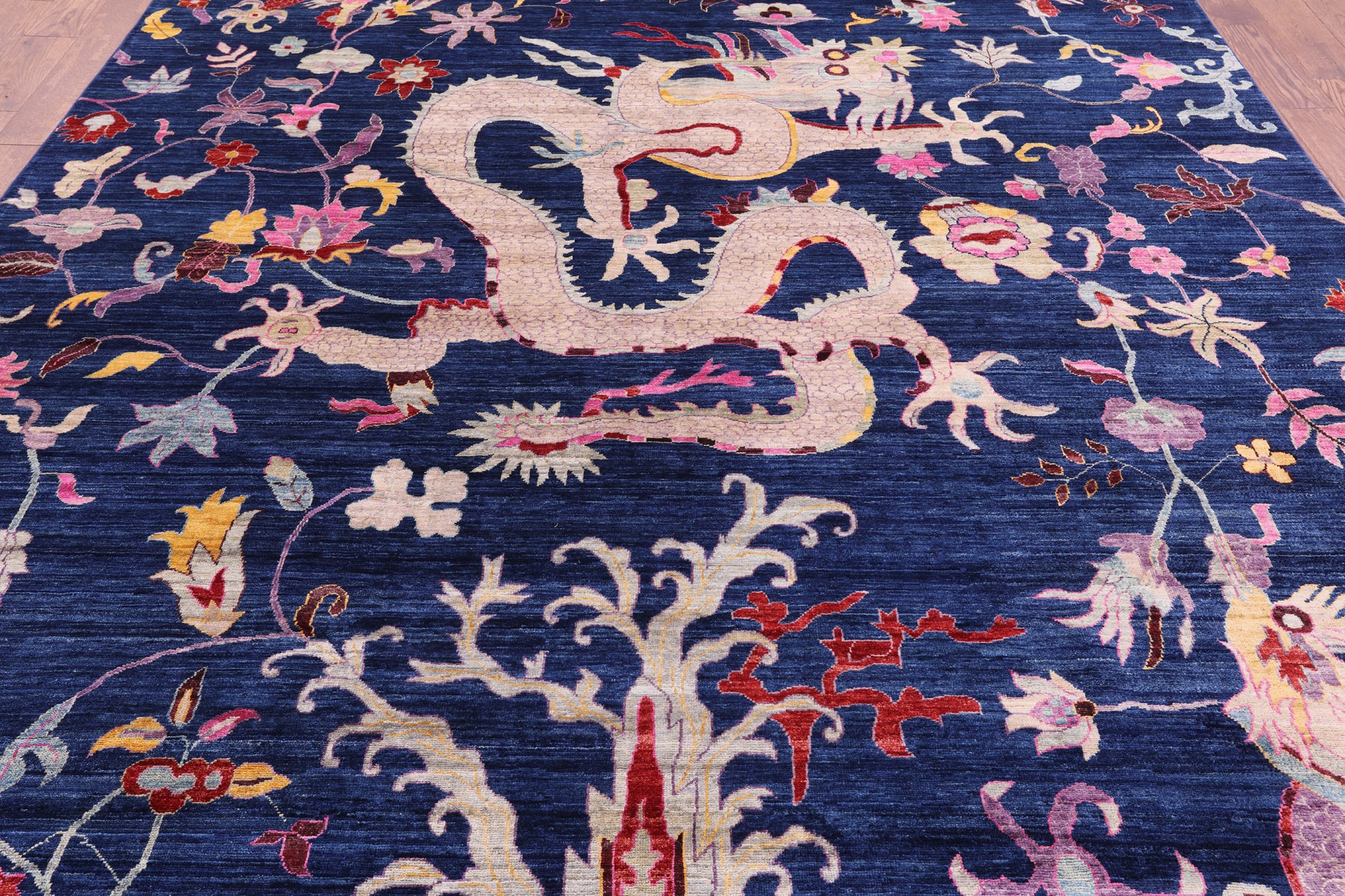 Blue Dragon And Phoenix Design Hand Knotted Wool Rug - 8' 9" X 12' 0" - Golden Nile