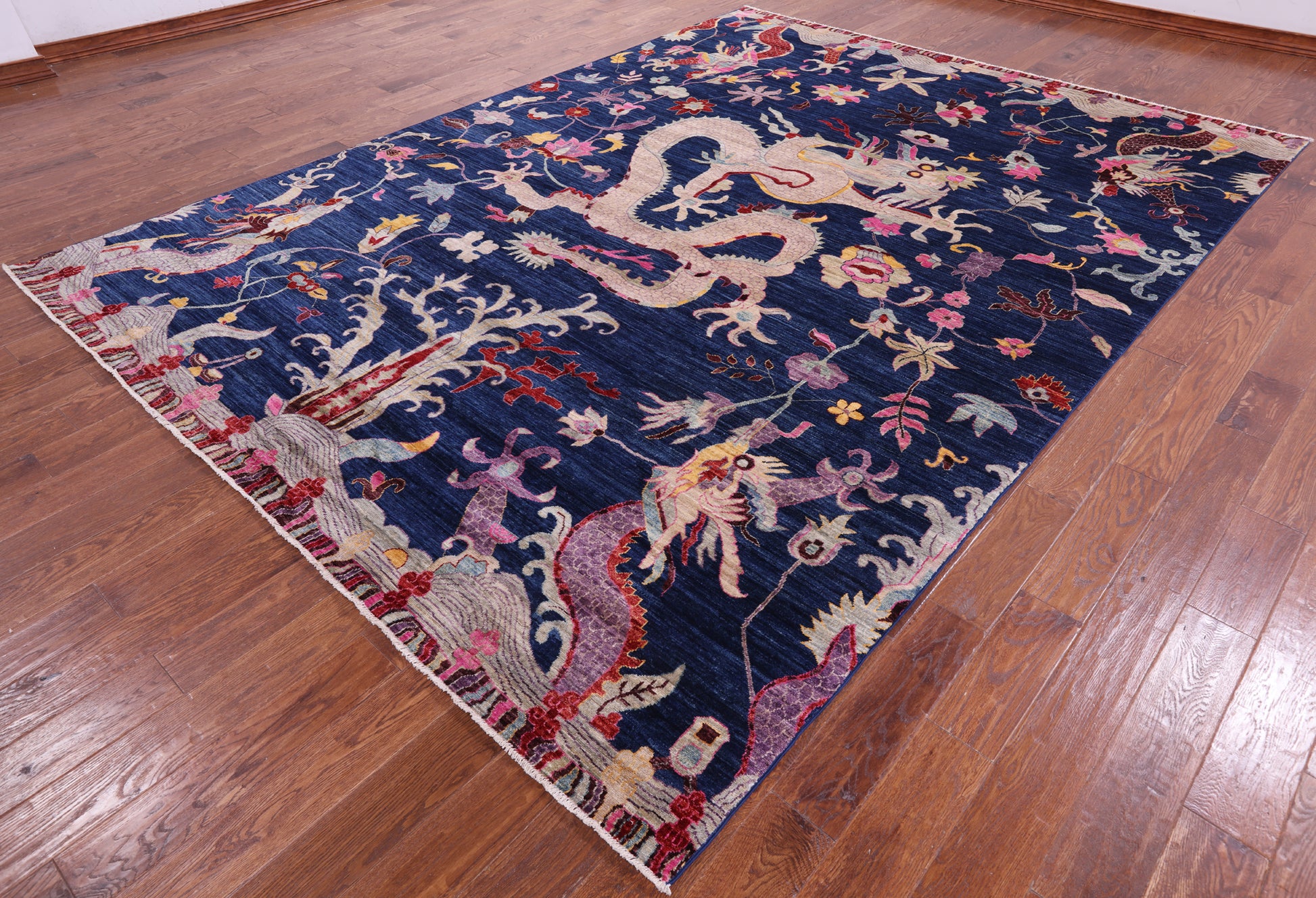 Blue Dragon And Phoenix Design Hand Knotted Wool Rug - 8' 9" X 12' 0" - Golden Nile