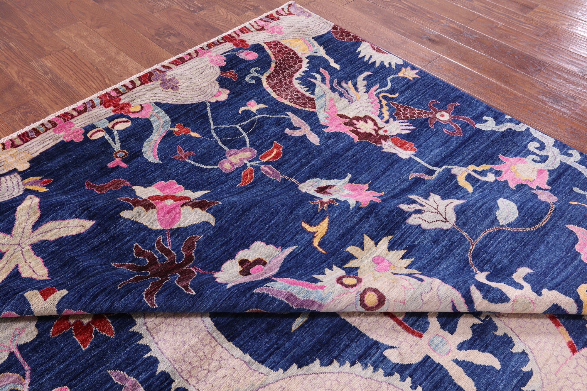 Blue Dragon And Phoenix Design Hand Knotted Wool Rug - 8' 9" X 12' 0" - Golden Nile