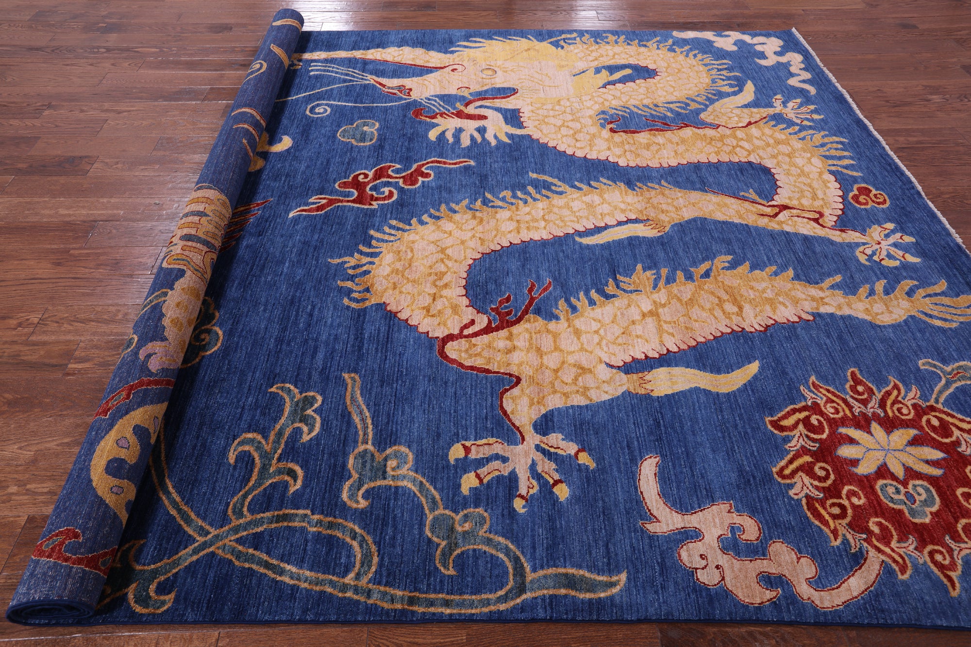 Blue Dragon And Phoenix Design Handmade Wool Rug - 8' 9" X 11' 10" - Golden Nile