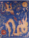 Blue Dragon And Phoenix Design Handmade Wool Rug - 8' 9" X 11' 10" - Golden Nile