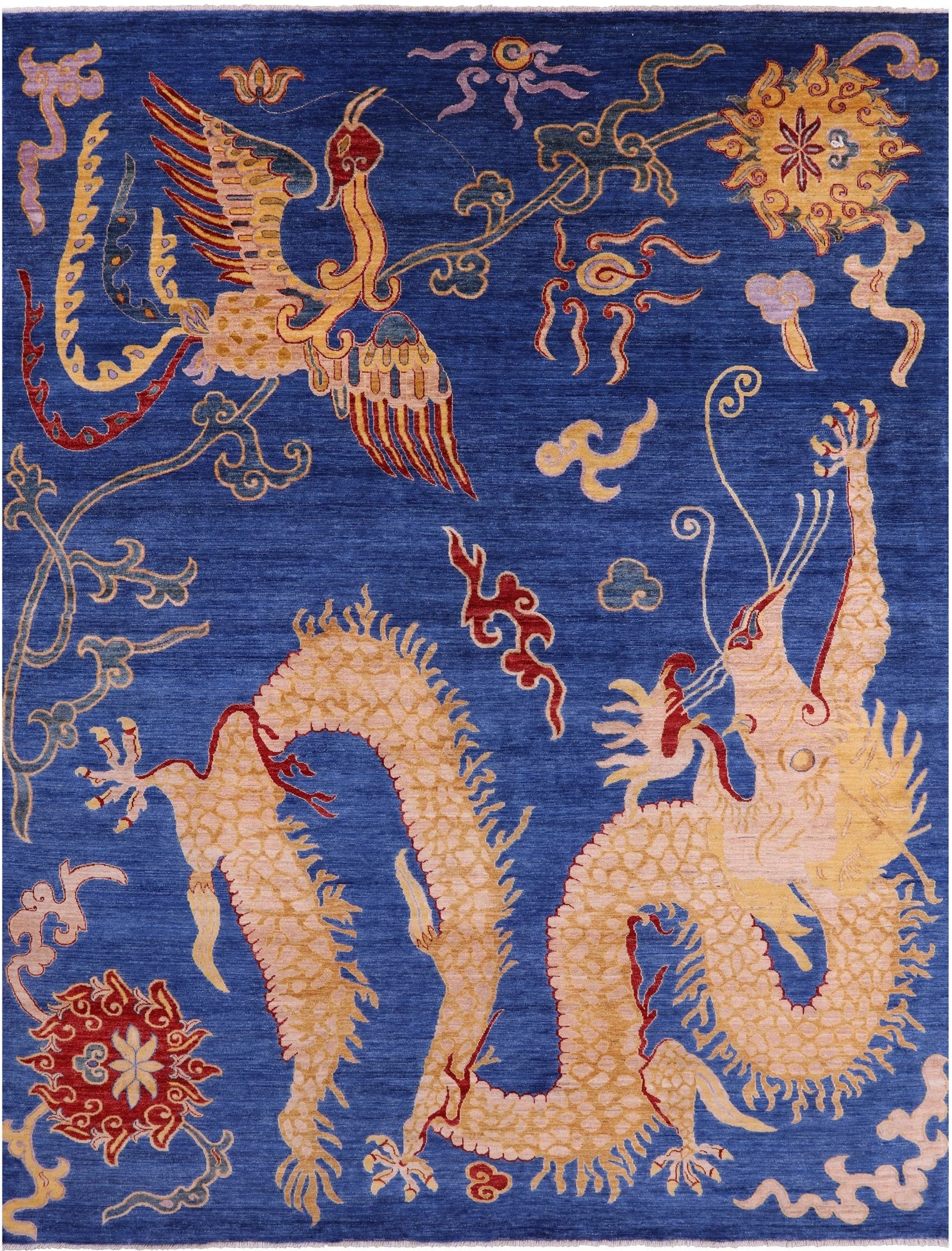 Blue Dragon And Phoenix Design Handmade Wool Rug - 8' 9" X 11' 10" - Golden Nile