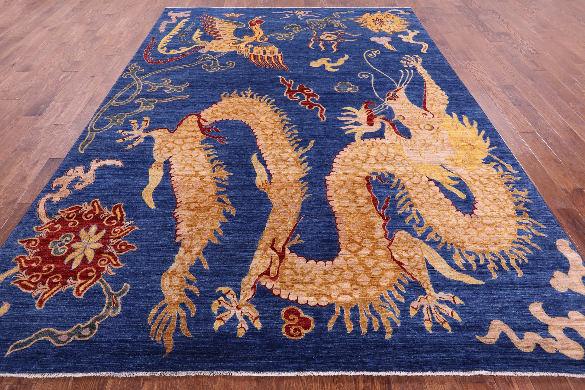 Blue Dragon And Phoenix Design Handmade Wool Rug - 8' 9" X 11' 10" - Golden Nile