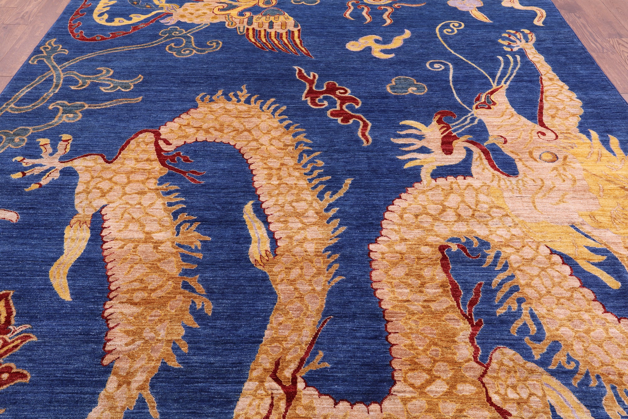 Blue Dragon And Phoenix Design Handmade Wool Rug - 8' 9" X 11' 10" - Golden Nile