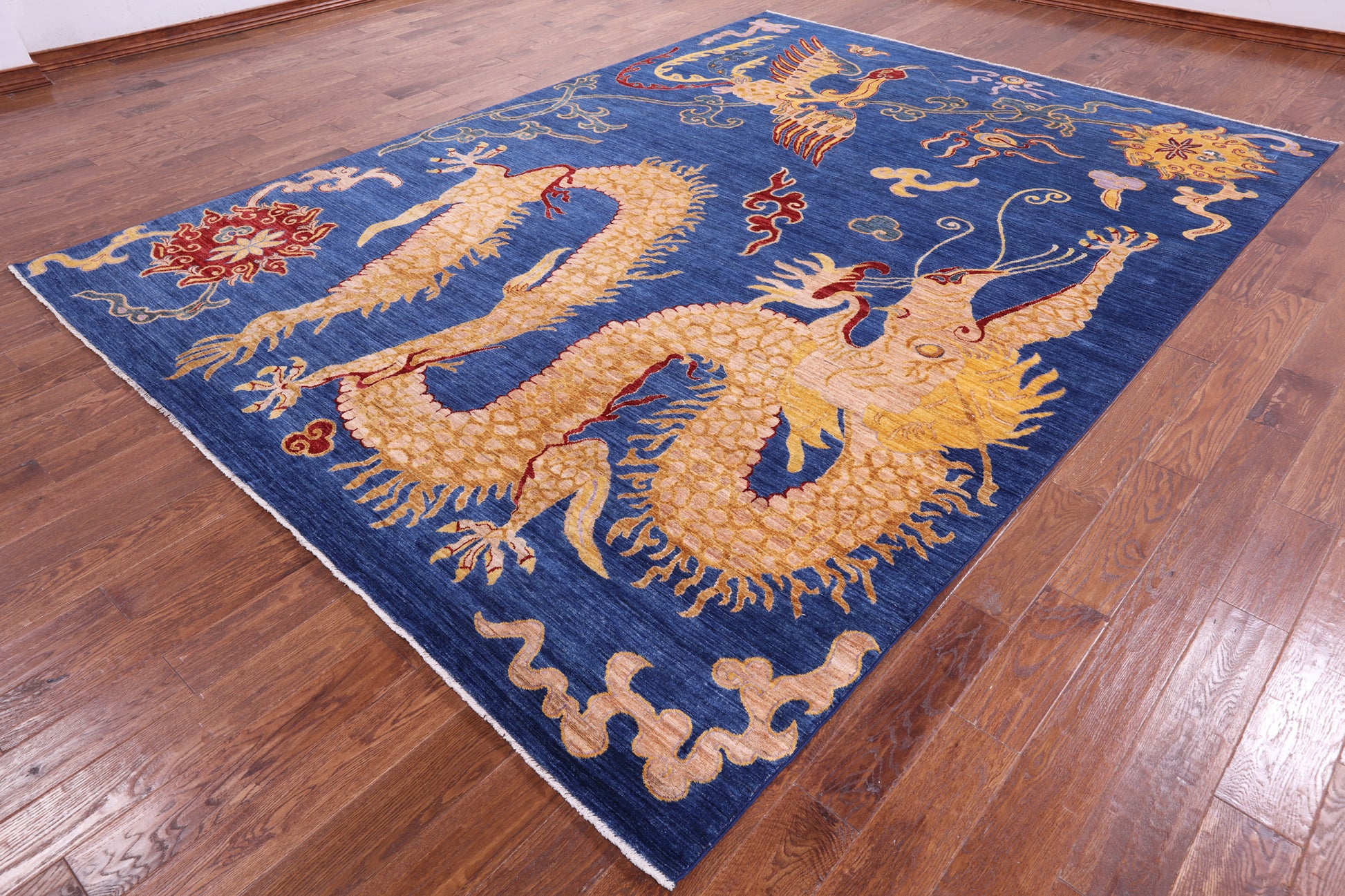 Blue Dragon And Phoenix Design Handmade Wool Rug - 8' 9" X 11' 10" - Golden Nile