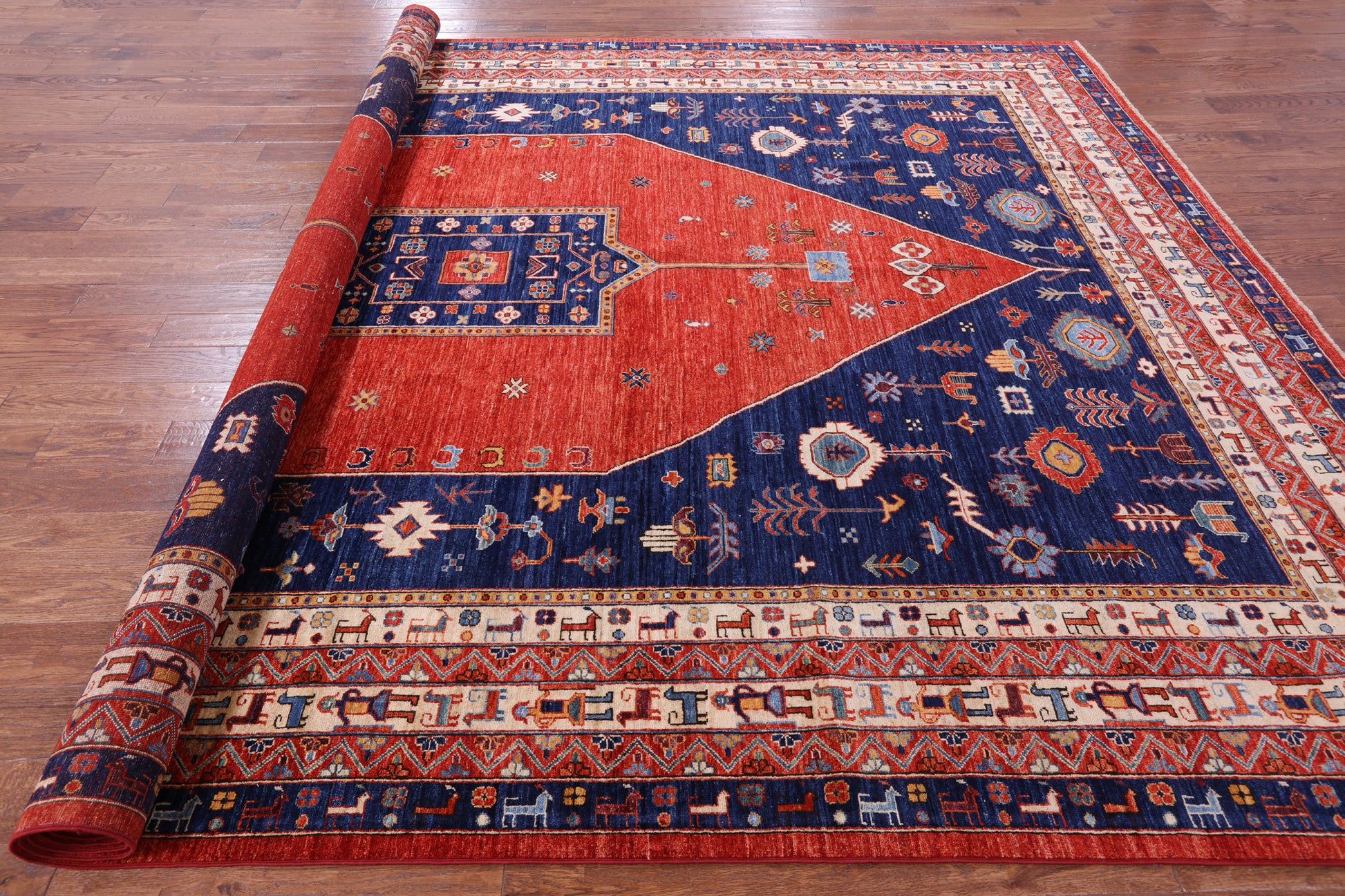 Red Persian Fine Serapi Hand Knotted Wool Rug - 9' 11" X 13' 9" - Golden Nile