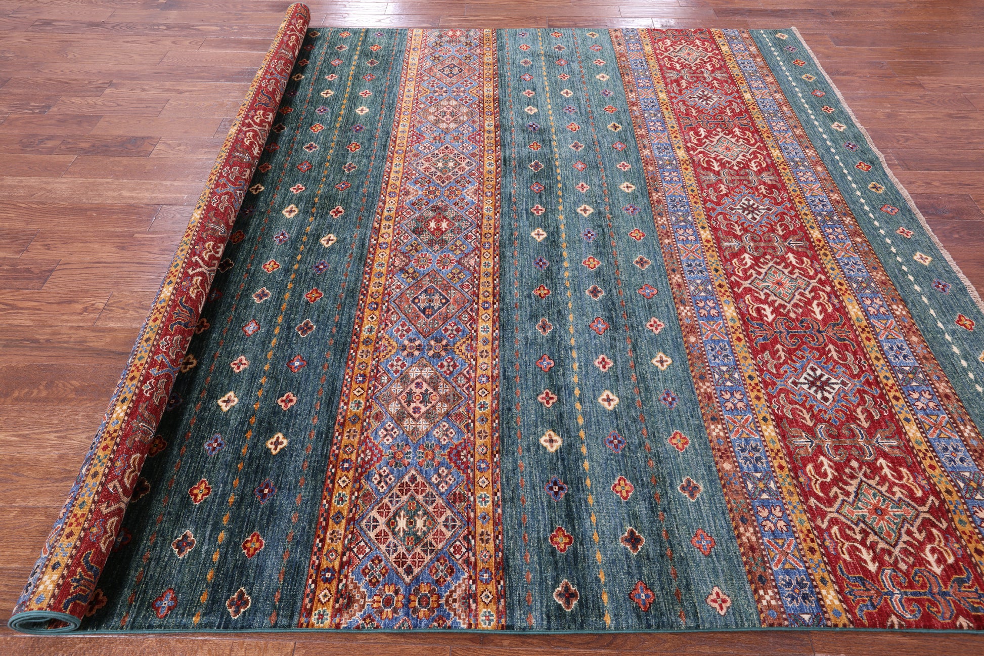 Green Khorjin Persian Gabbeh Hand Knotted Wool Rug - 8' 3" X 9' 7" - Golden Nile