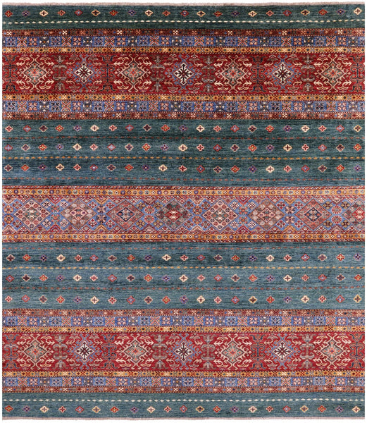 Green Khorjin Persian Gabbeh Hand Knotted Wool Rug - 8' 3" X 9' 7" - Golden Nile