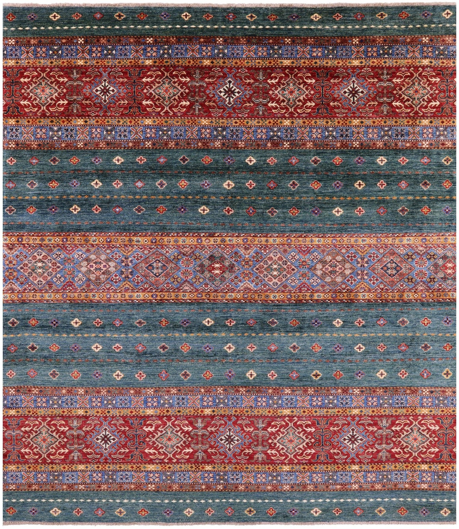 Green Khorjin Persian Gabbeh Hand Knotted Wool Rug - 8' 3" X 9' 7" - Golden Nile
