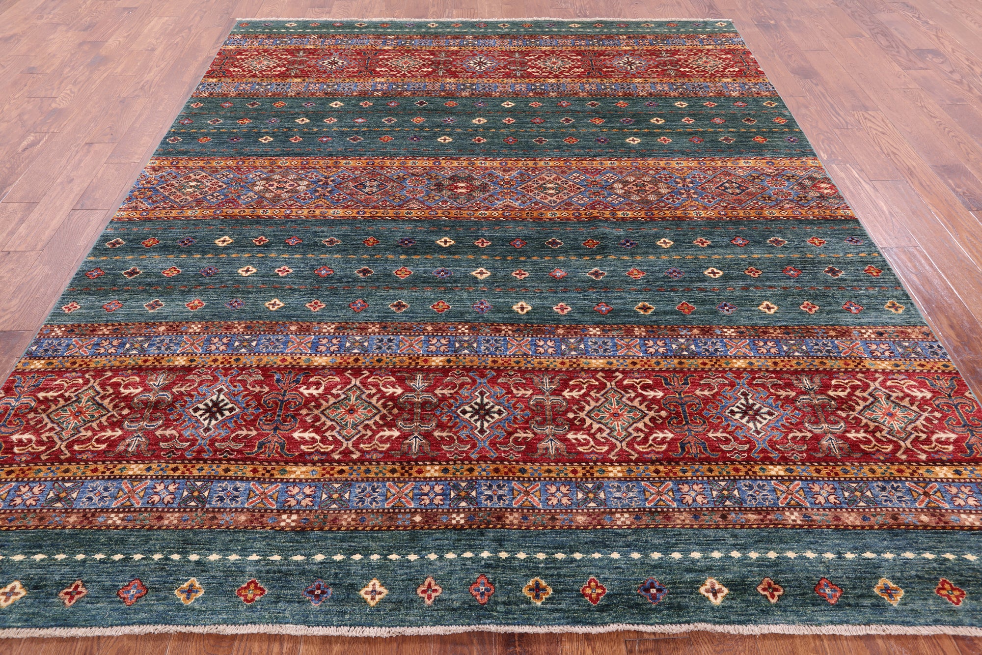 Green Khorjin Persian Gabbeh Hand Knotted Wool Rug - 8' 3" X 9' 7" - Golden Nile