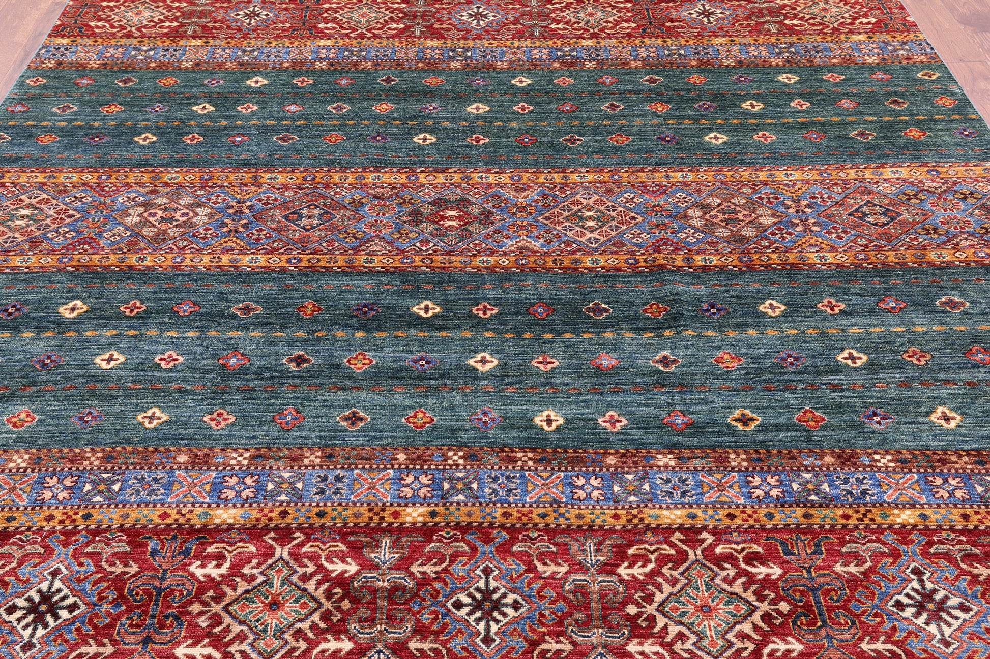 Green Khorjin Persian Gabbeh Hand Knotted Wool Rug - 8' 3" X 9' 7" - Golden Nile