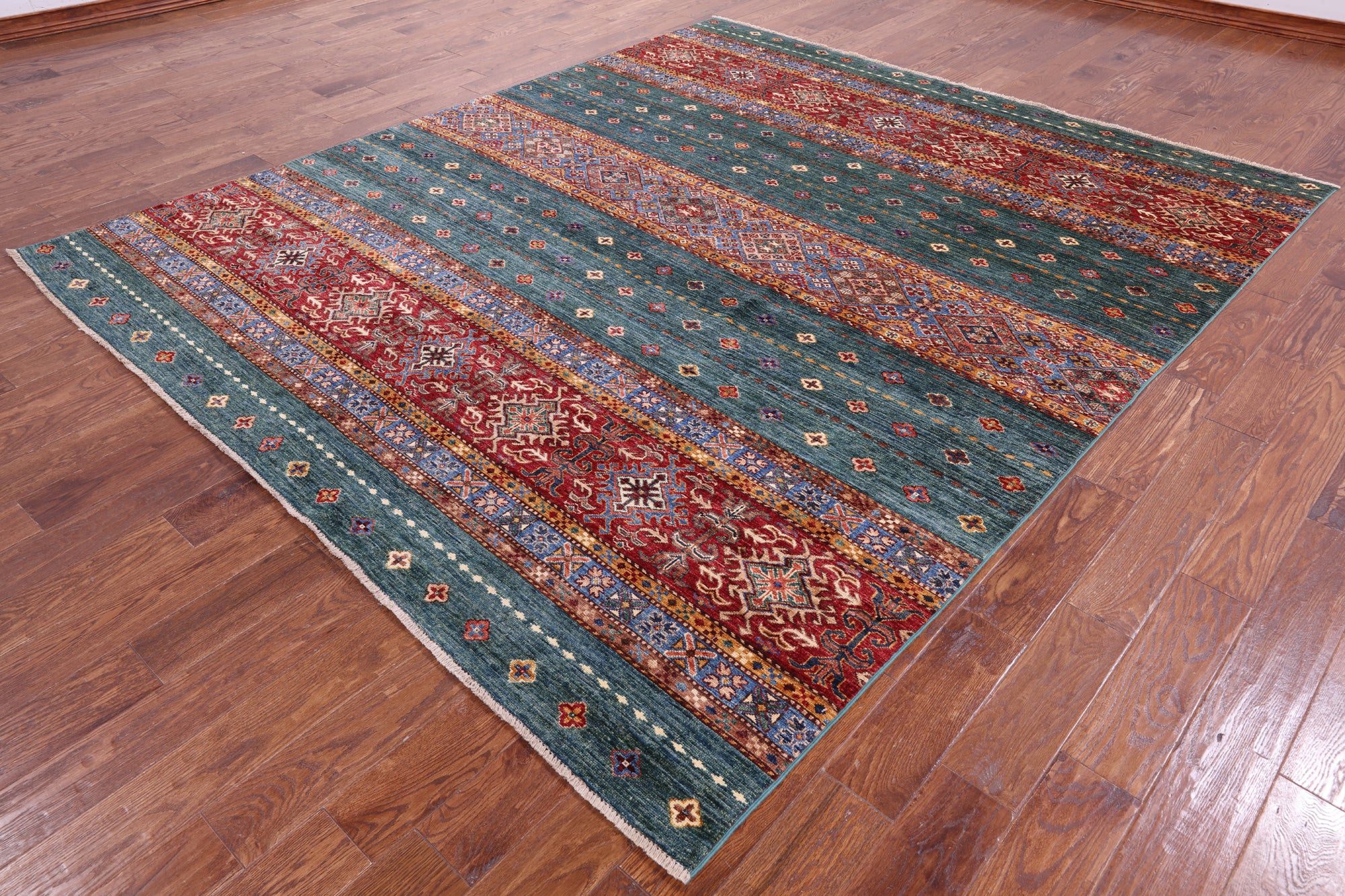 Green Khorjin Persian Gabbeh Hand Knotted Wool Rug - 8' 3" X 9' 7" - Golden Nile