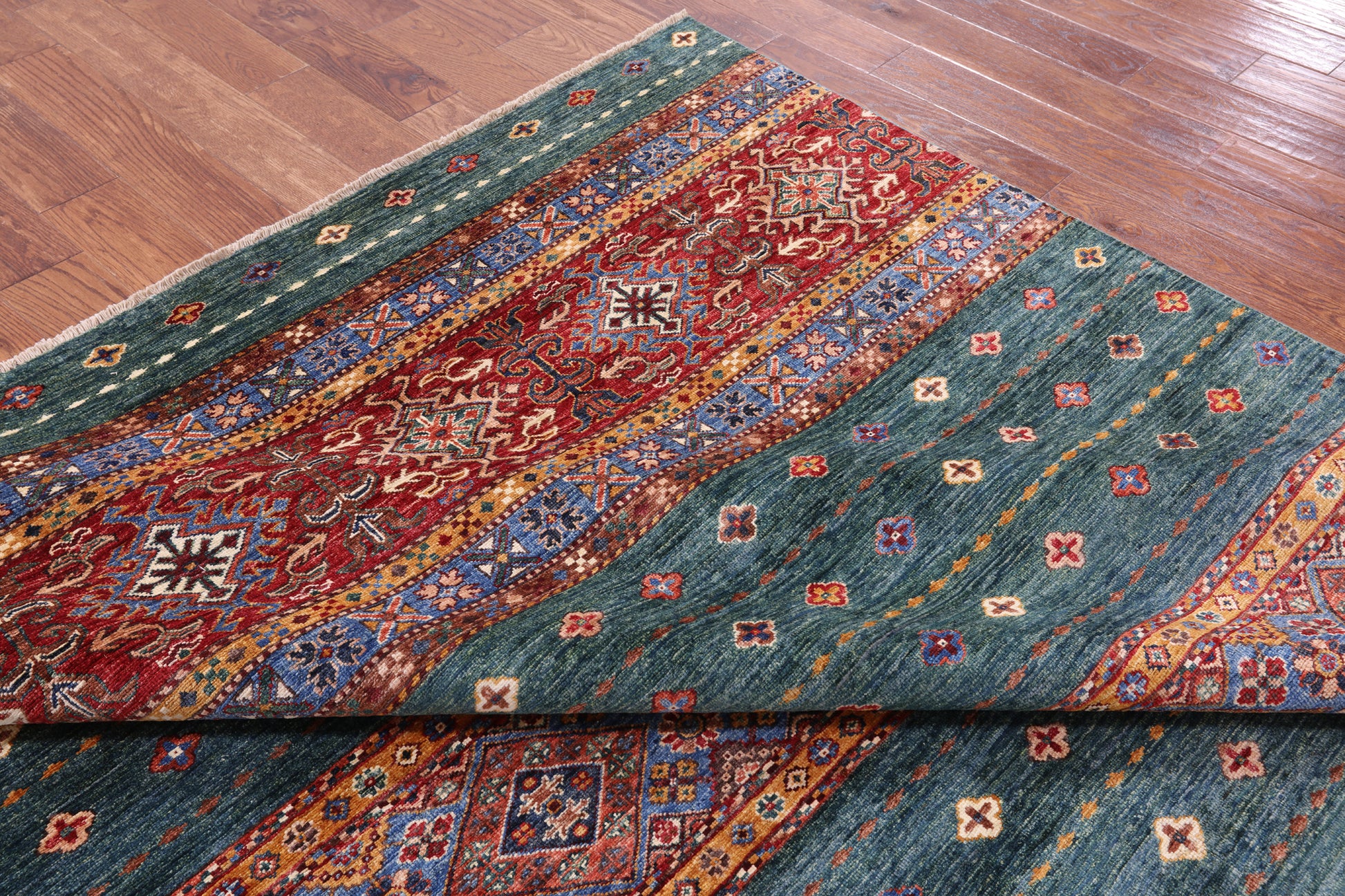 Green Khorjin Persian Gabbeh Hand Knotted Wool Rug - 8' 3" X 9' 7" - Golden Nile