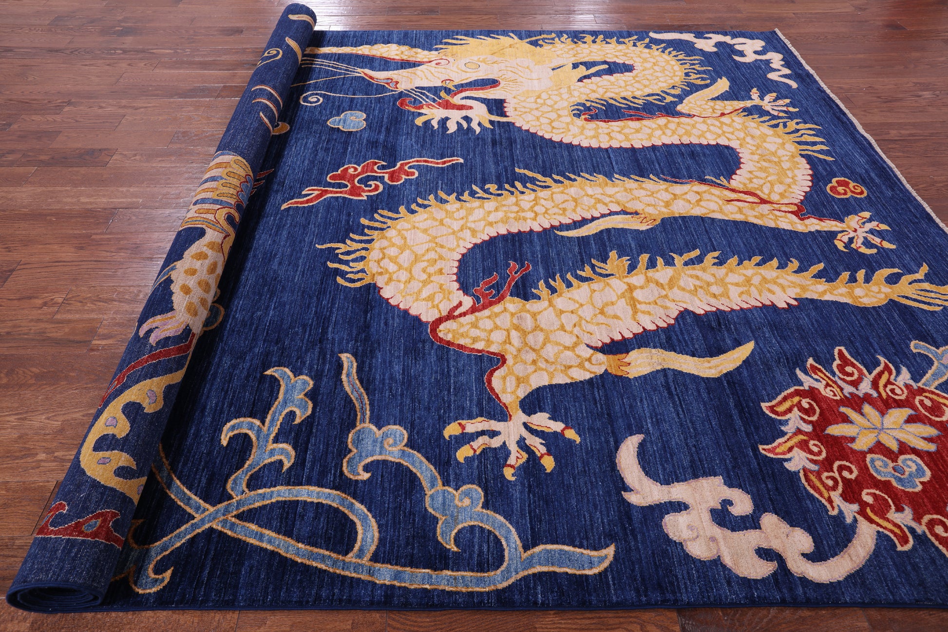 Blue Dragon And Phoenix Design Hand Knotted Wool Rug - 9' 1" X 11' 9" - Golden Nile