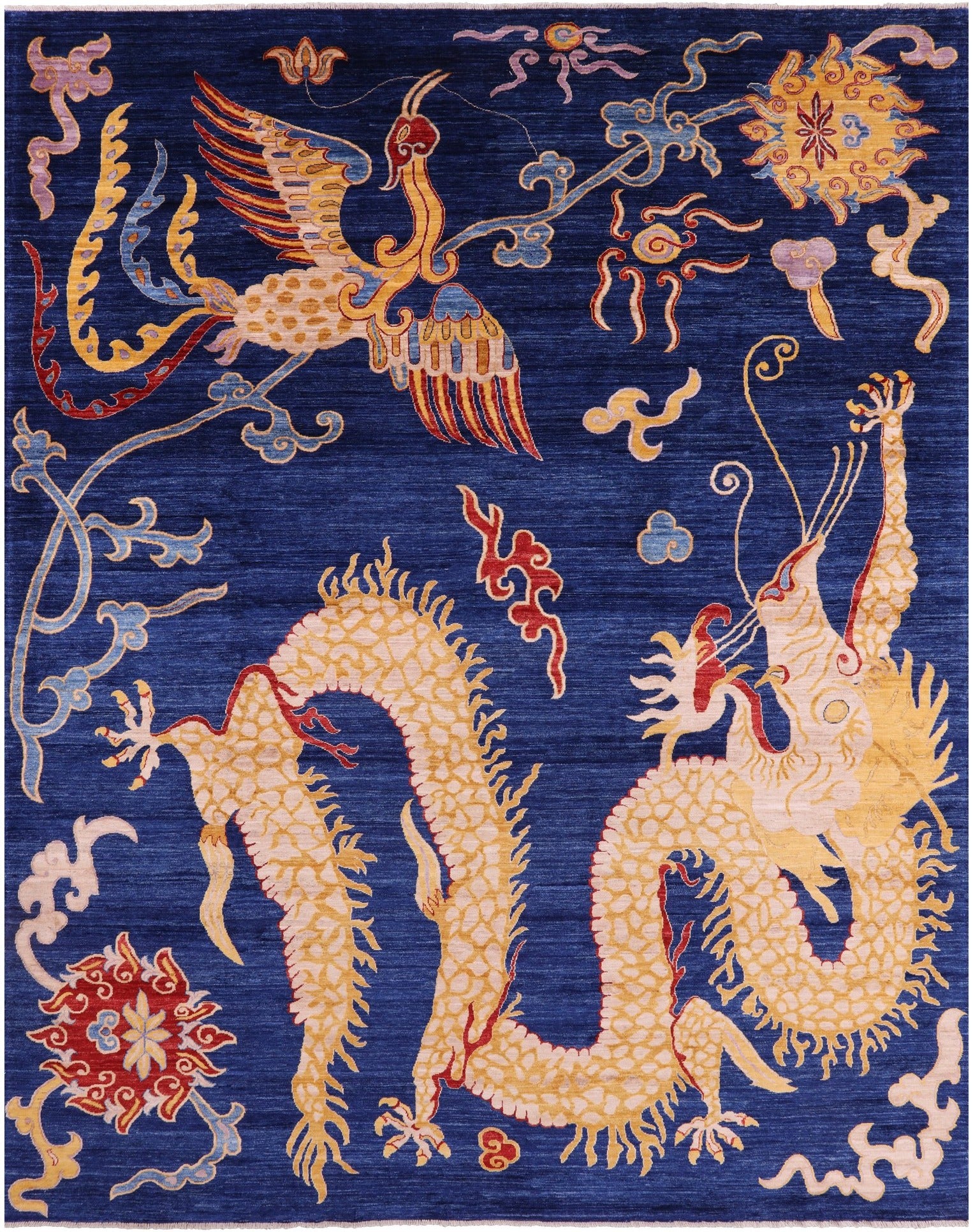 Blue Dragon And Phoenix Design Hand Knotted Wool Rug - 9' 1" X 11' 9" - Golden Nile