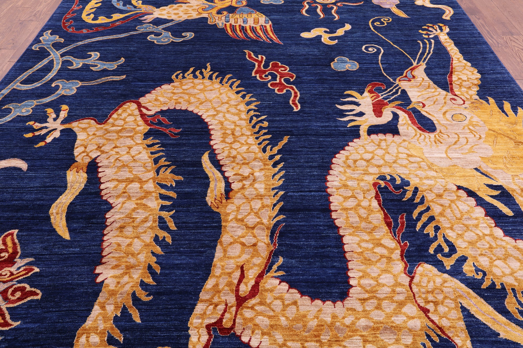 Blue Dragon And Phoenix Design Hand Knotted Wool Rug - 9' 1" X 11' 9" - Golden Nile