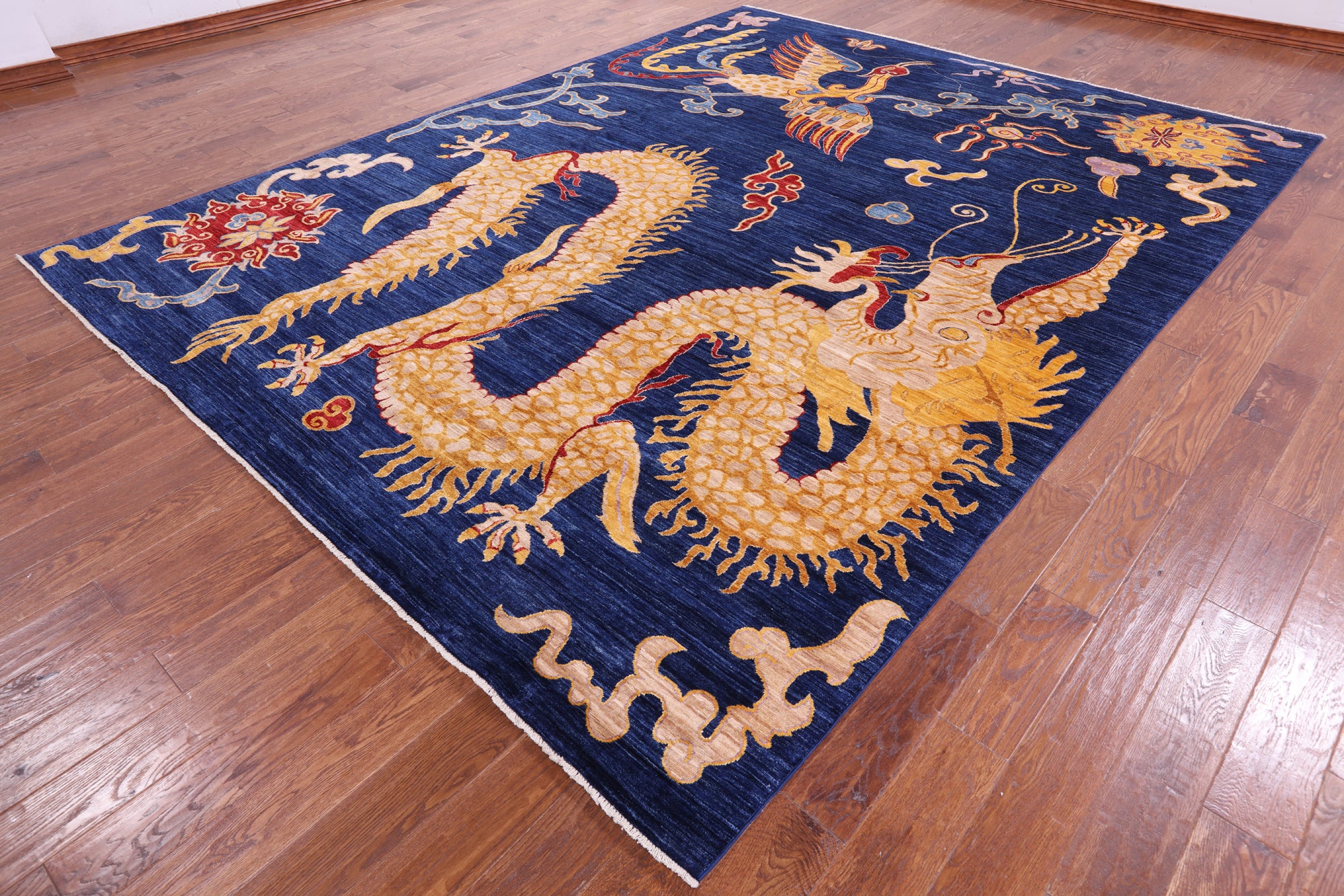 Blue Dragon And Phoenix Design Hand Knotted Wool Rug - 9' 1" X 11' 9" - Golden Nile