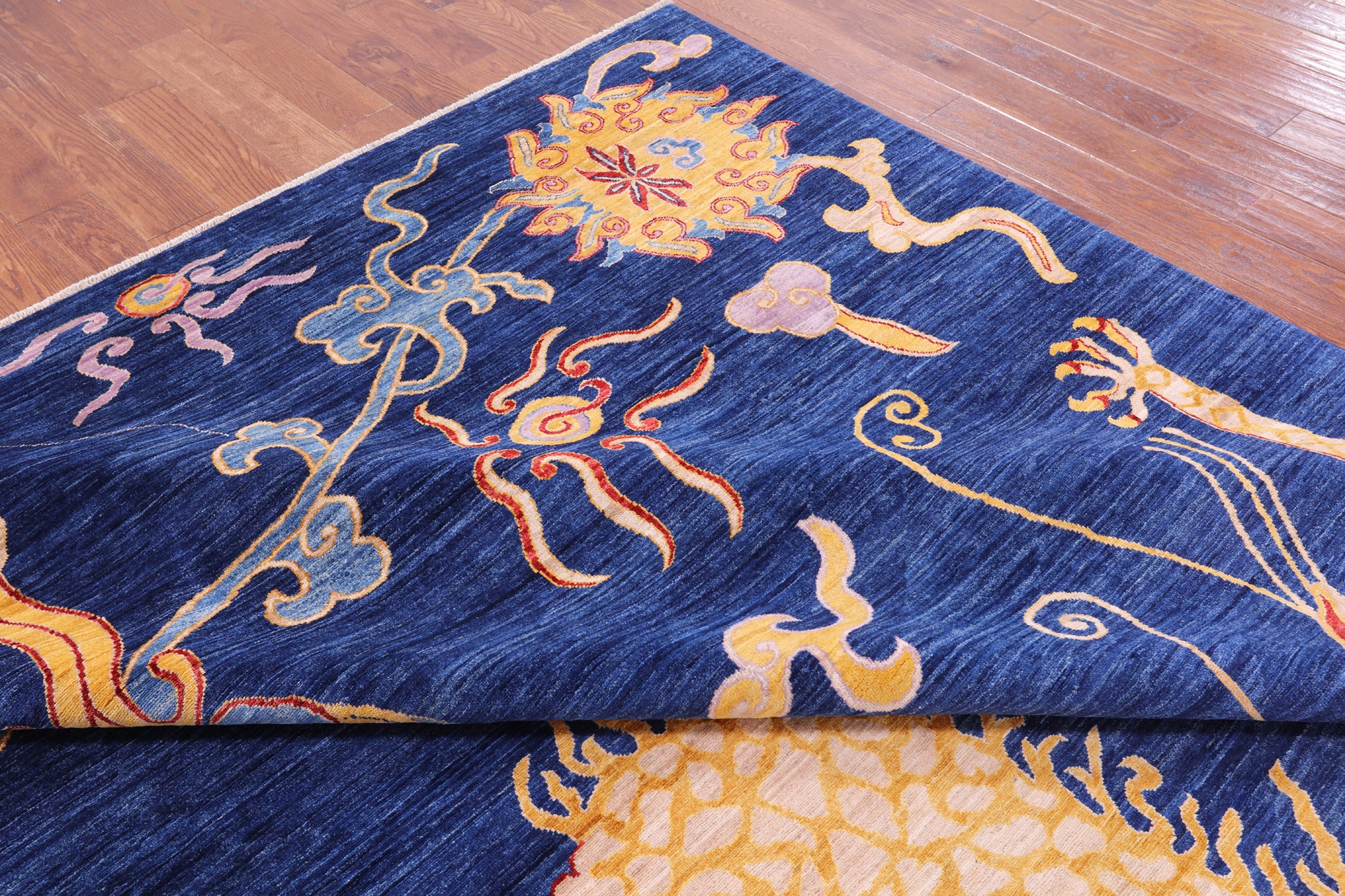 Blue Dragon And Phoenix Design Hand Knotted Wool Rug - 9' 1" X 11' 9" - Golden Nile