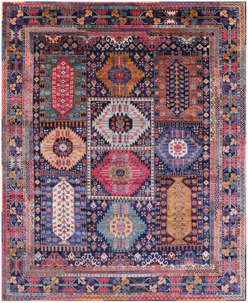 Blue Persian Fine Serapi Hand Knotted Wool Rug - 7' 11" X 9' 9" - Golden Nile
