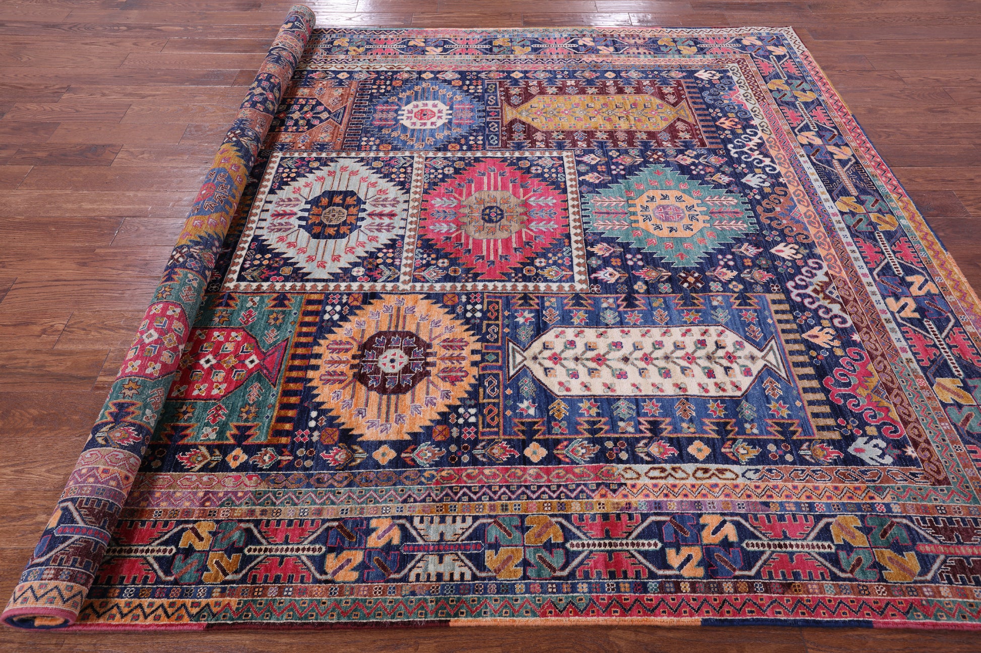 Blue Persian Fine Serapi Hand Knotted Wool Rug - 7' 11" X 9' 9" - Golden Nile
