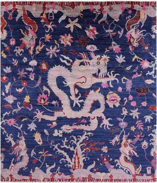 Blue Dragon And Phoenix Design Hand Knotted Wool Rug - 8' 0" X 9' 7" - Golden Nile