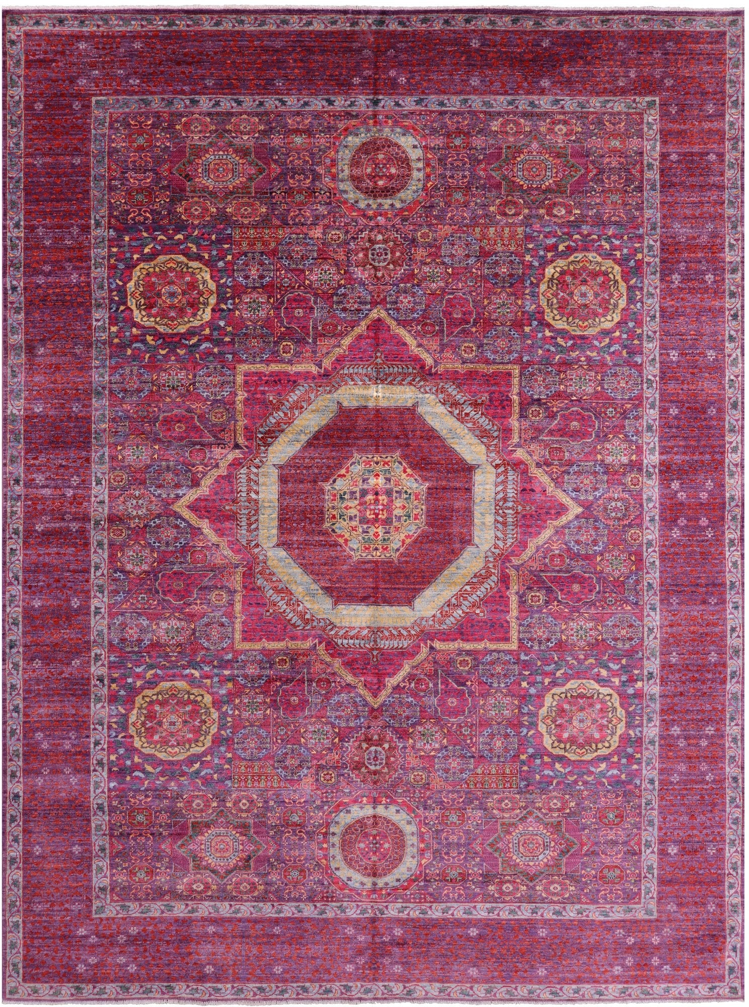 Purple Geometric Persian Mamluk Hand Knotted Wool Rug - 9' 10" X 13' 4" - Golden Nile