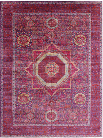 Purple Geometric Persian Mamluk Hand Knotted Wool Rug - 9' 10