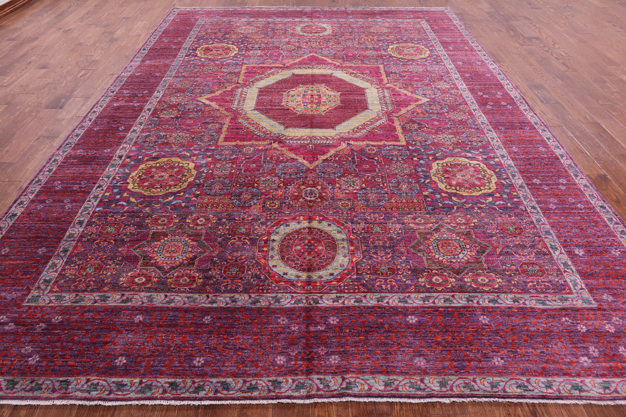 Purple Geometric Persian Mamluk Hand Knotted Wool Rug - 9' 10" X 13' 4" - Golden Nile