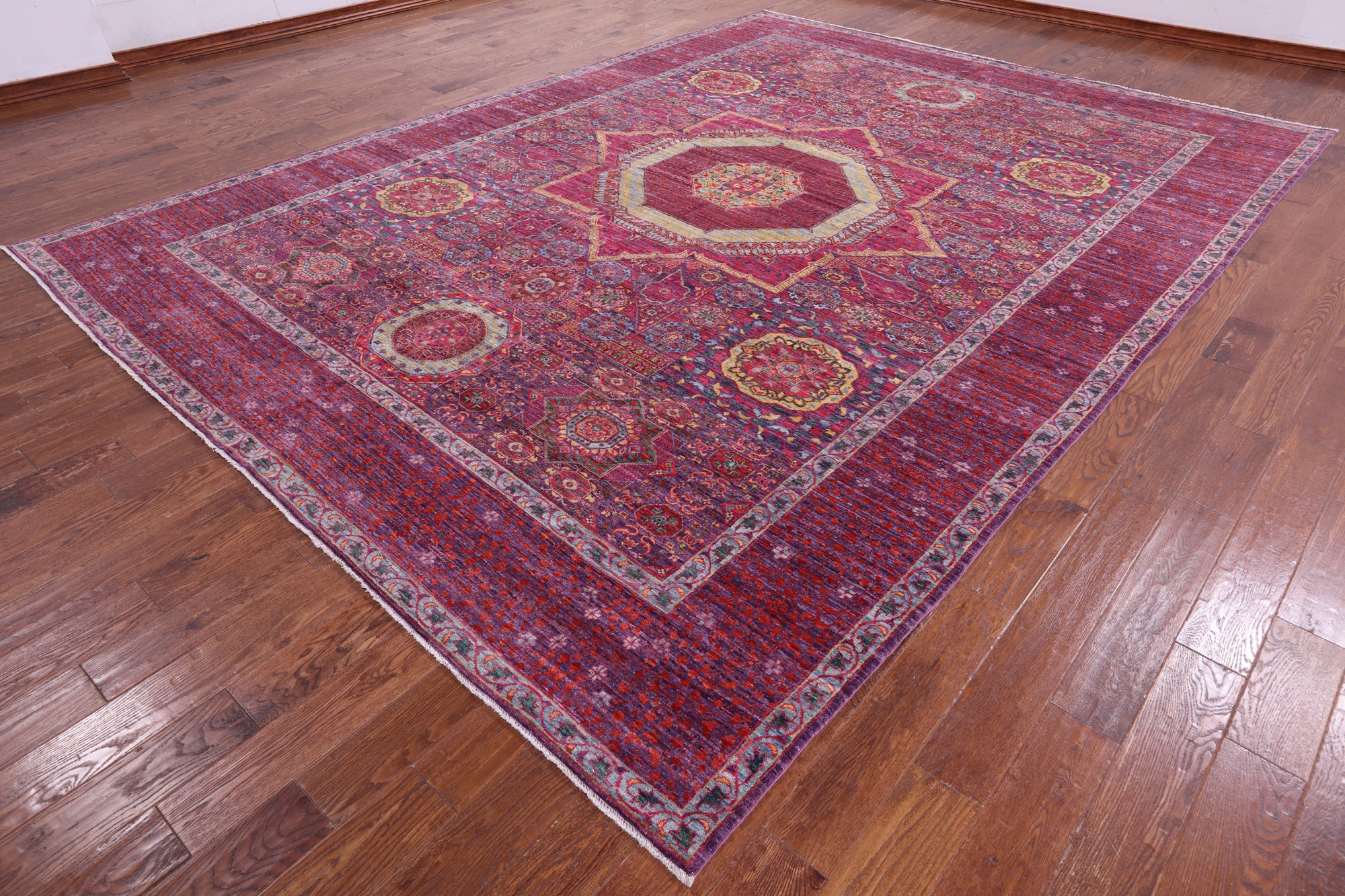Purple Geometric Persian Mamluk Hand Knotted Wool Rug - 9' 10" X 13' 4" - Golden Nile