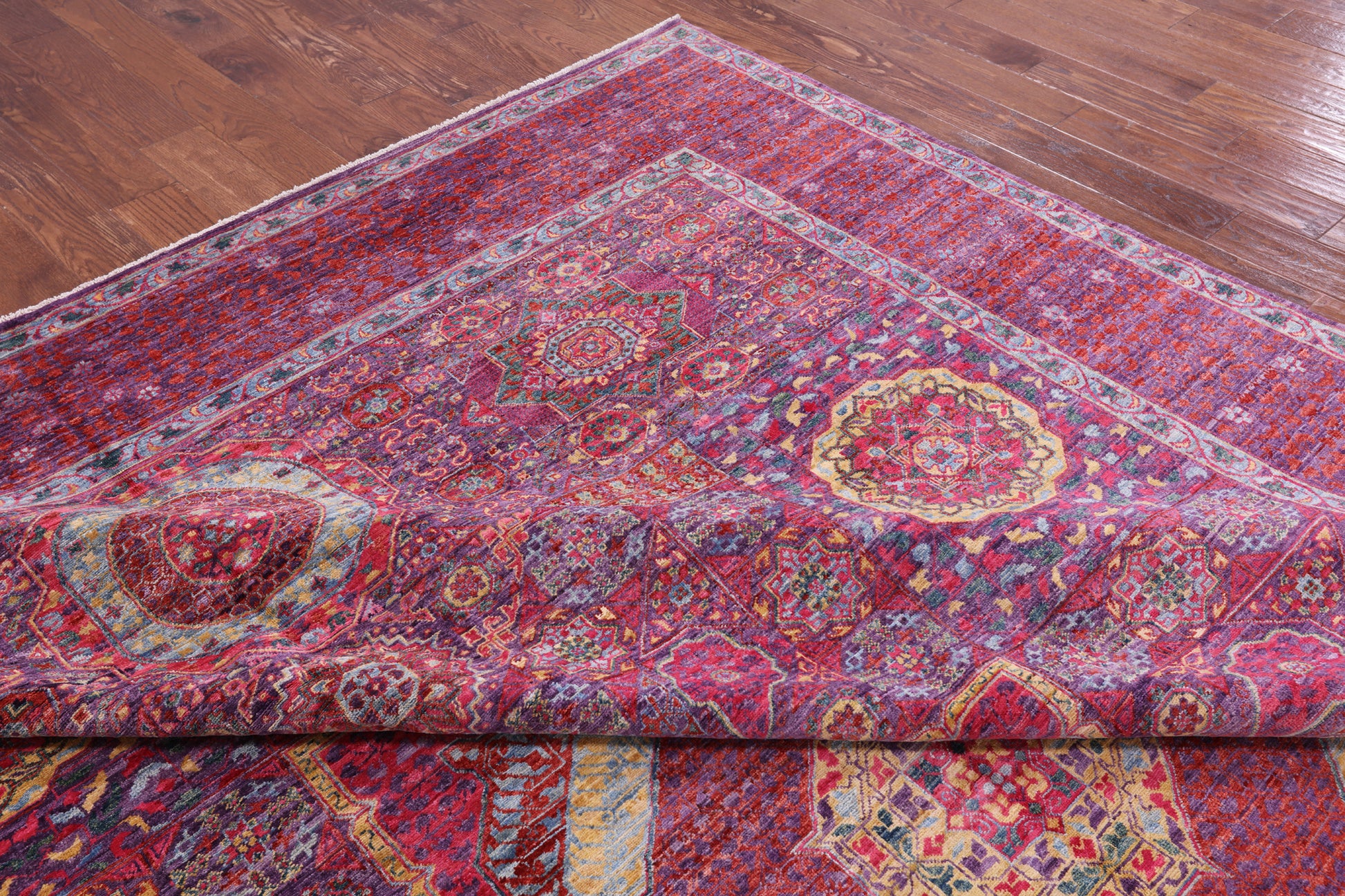 Purple Geometric Persian Mamluk Hand Knotted Wool Rug - 9' 10" X 13' 4" - Golden Nile