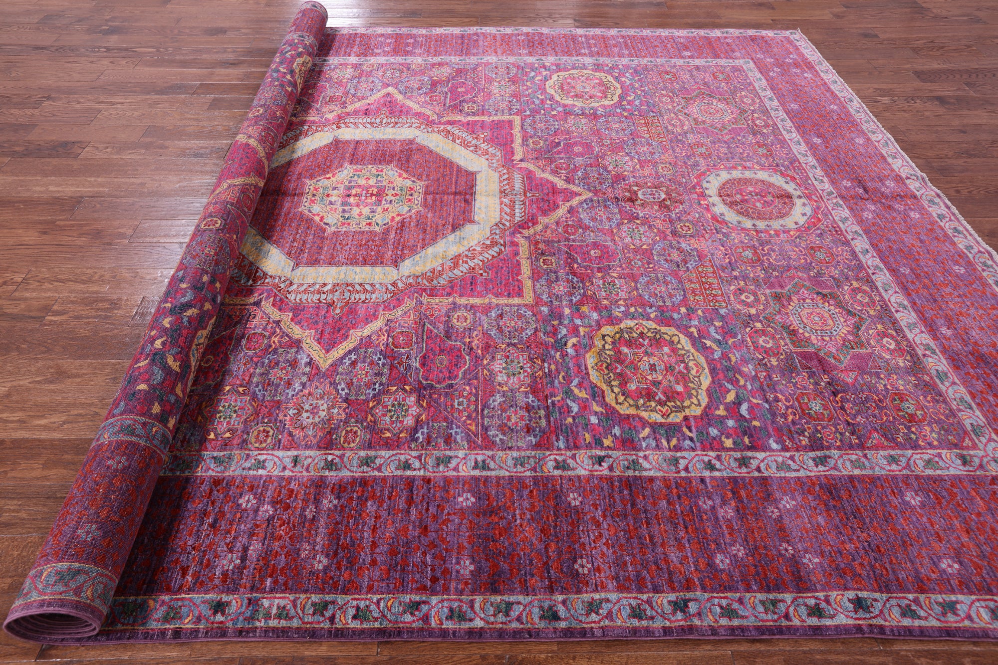 Purple Geometric Persian Mamluk Hand Knotted Wool Rug - 9' 10" X 13' 4" - Golden Nile