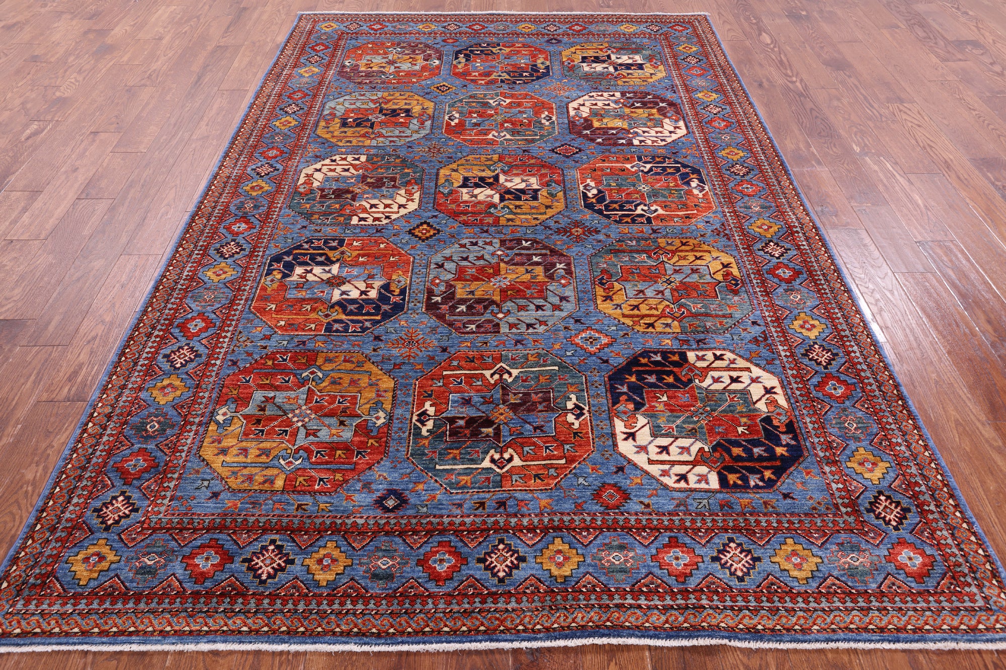 Blue Turkmen Ersari Hand Knotted Wool Rug - 6' 7" X 9' 7" - Golden Nile