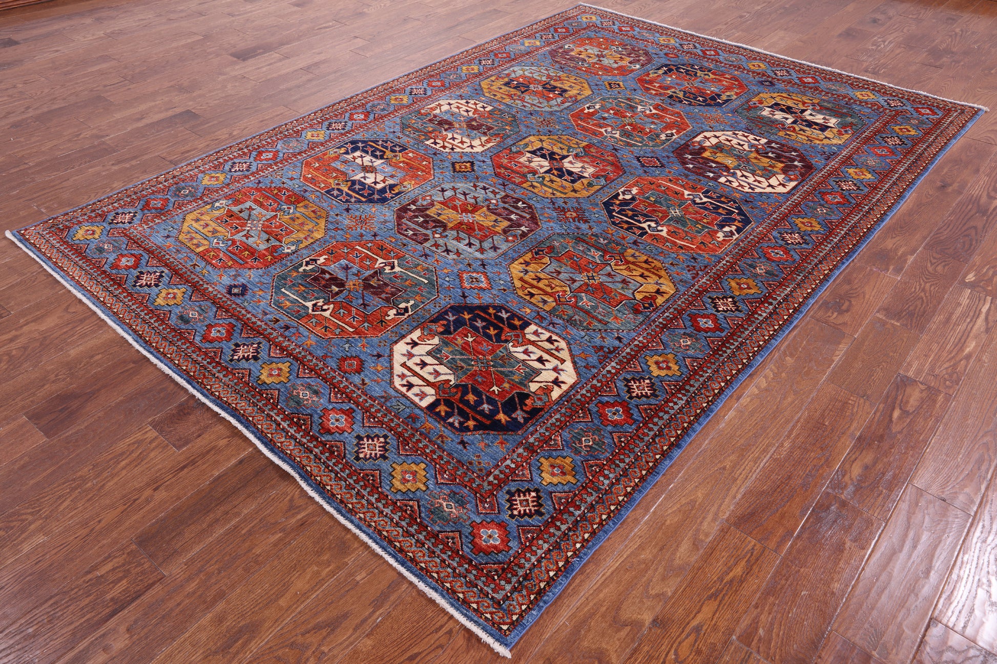 Blue Turkmen Ersari Hand Knotted Wool Rug - 6' 7" X 9' 7" - Golden Nile