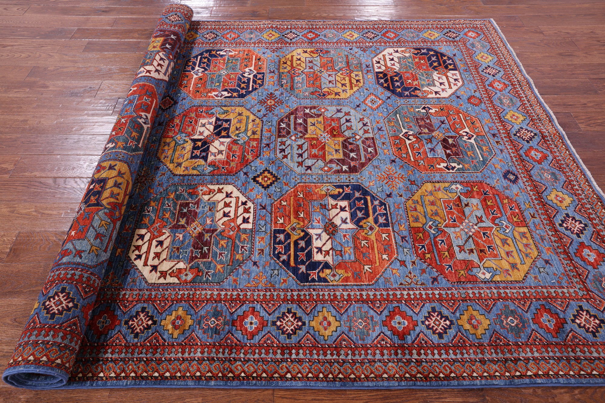 Blue Turkmen Ersari Hand Knotted Wool Rug - 6' 7" X 9' 7" - Golden Nile