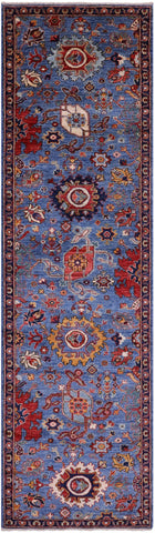 Blue Persian Fine Serapi Handmade Wool Runner Rug - 2' 9