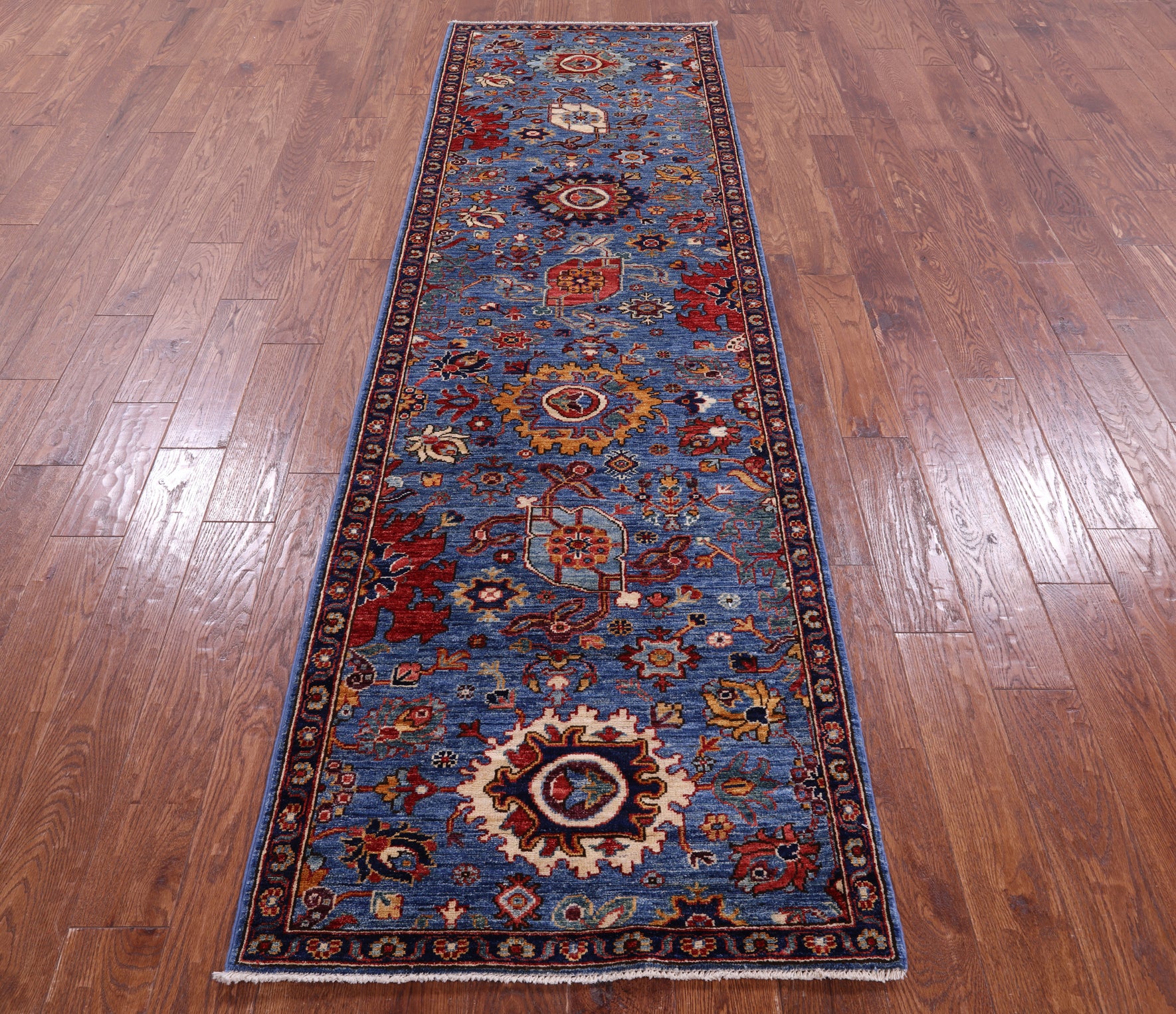 Blue Persian Fine Serapi Handmade Wool Runner Rug - 2' 9" X 9' 6" - Golden Nile