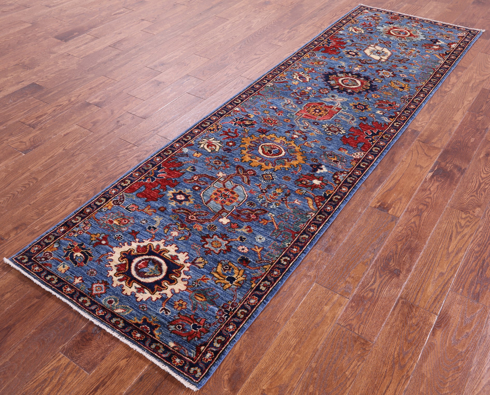 Blue Persian Fine Serapi Handmade Wool Runner Rug - 2' 9" X 9' 6" - Golden Nile