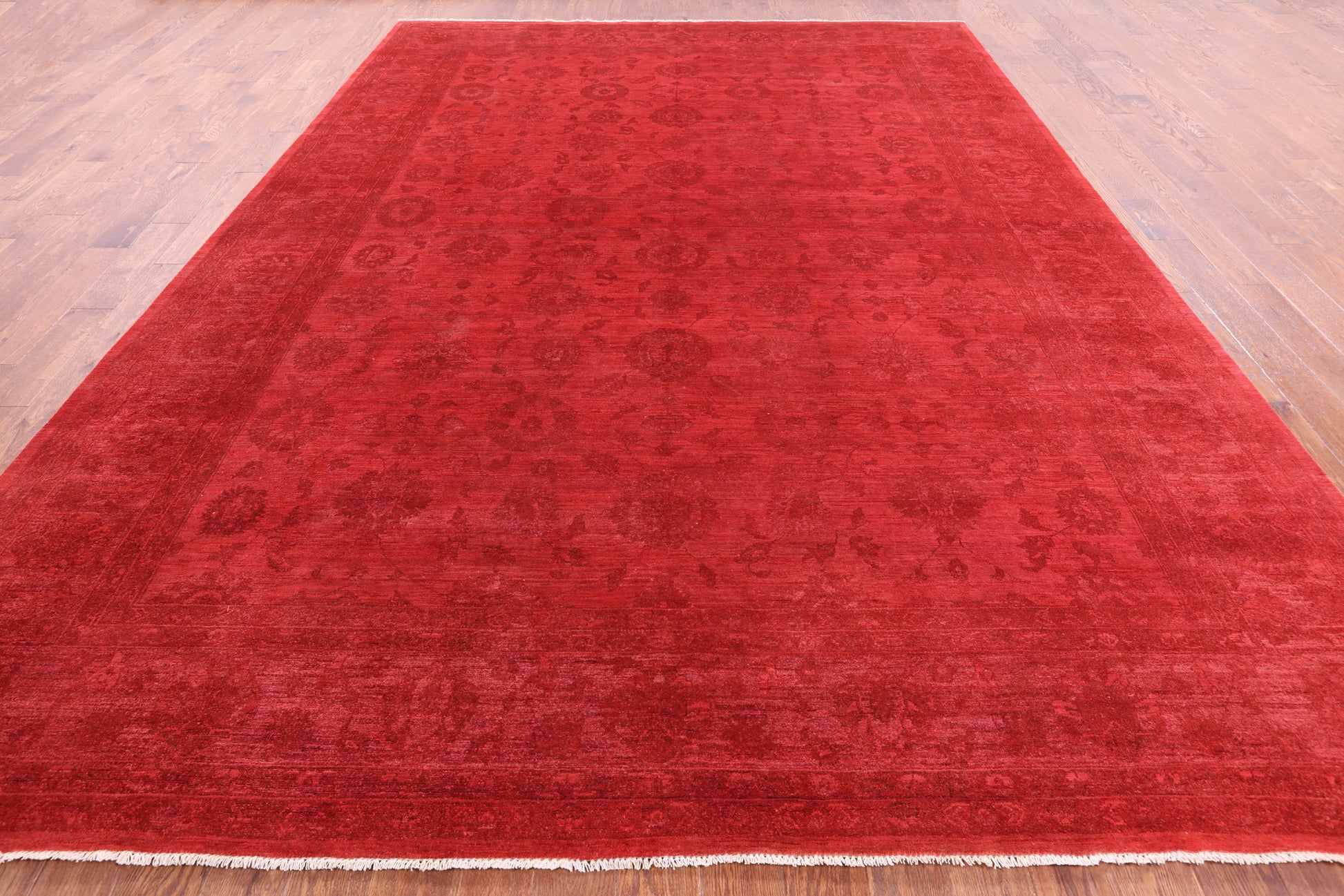 Red Full Pile Overdyed Hand Knotted Wool Rug - 9' 10" X 13' 8" - Golden Nile