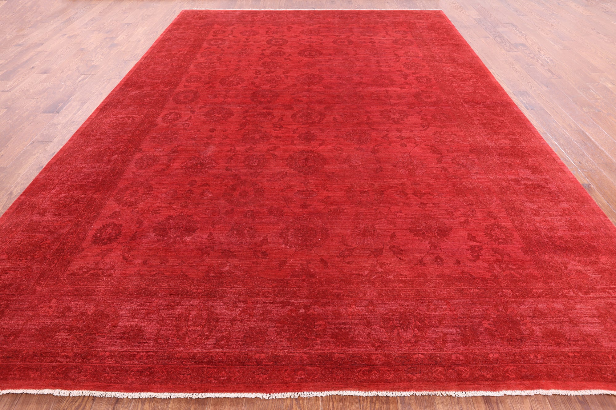 Red Full Pile Overdyed Hand Knotted Wool Rug - 9' 10" X 13' 8" - Golden Nile
